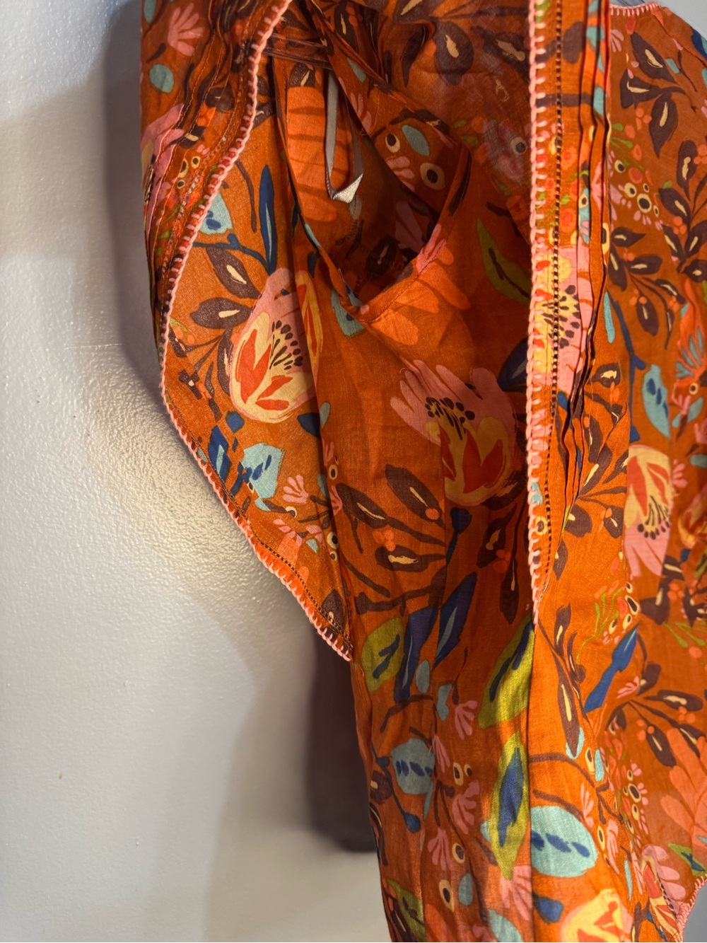 Daniel Rainn Orange Floral Linen Cotton Button-Front Blouse Flutter Sleeve Med - Picture 6 of 10